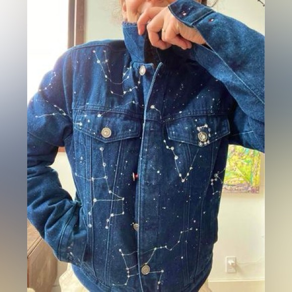 Hand painted silver Astrological Constellation Map on Denim Jean & Sherpa Jacket - Picture 1 of 9